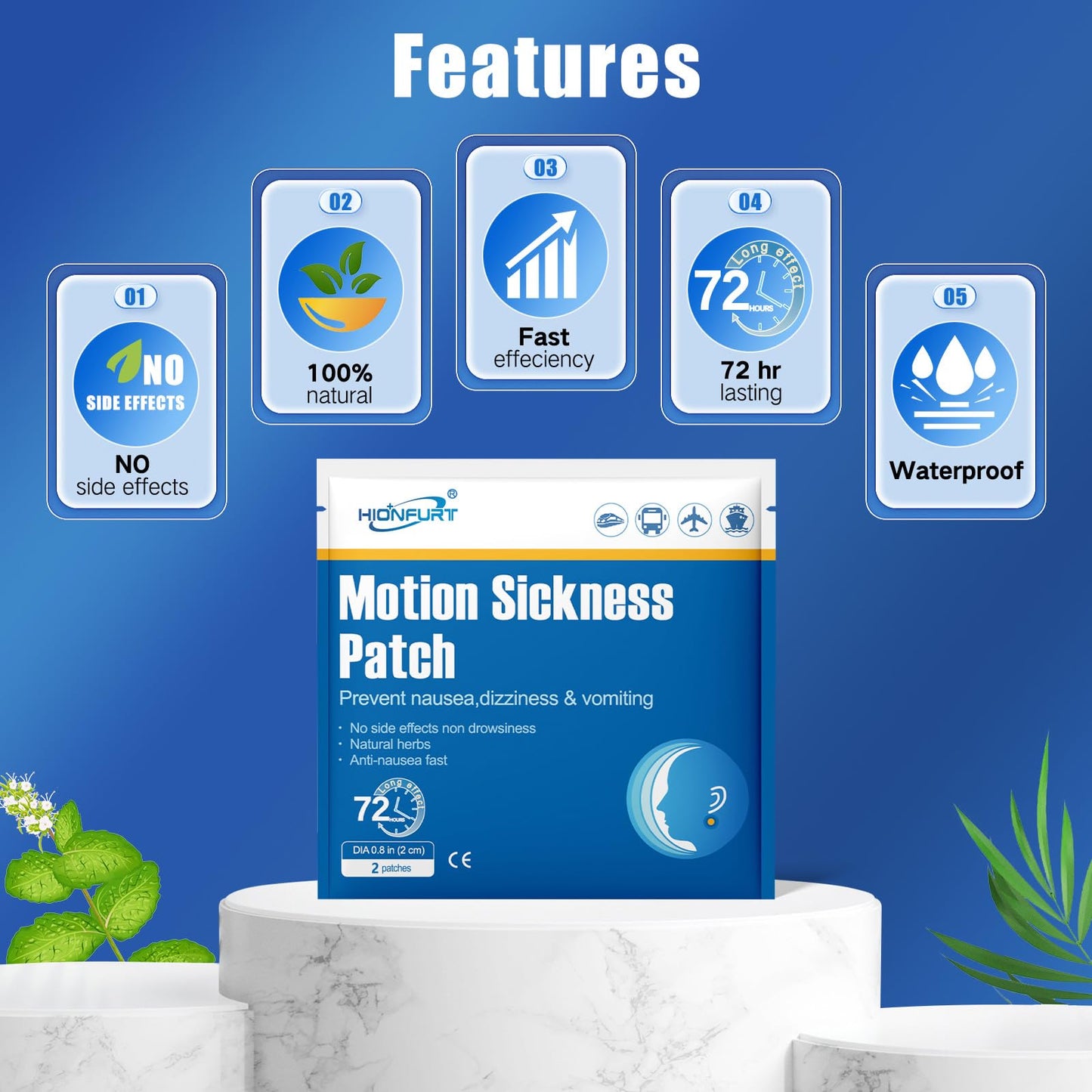 Hionfurt 32ct Motion Sickness Patches – Sea Sickness Patches for Cruise, Car, Airplane, and Other Travel – Non-Drowsy, Effective, Lasts 72 Hours