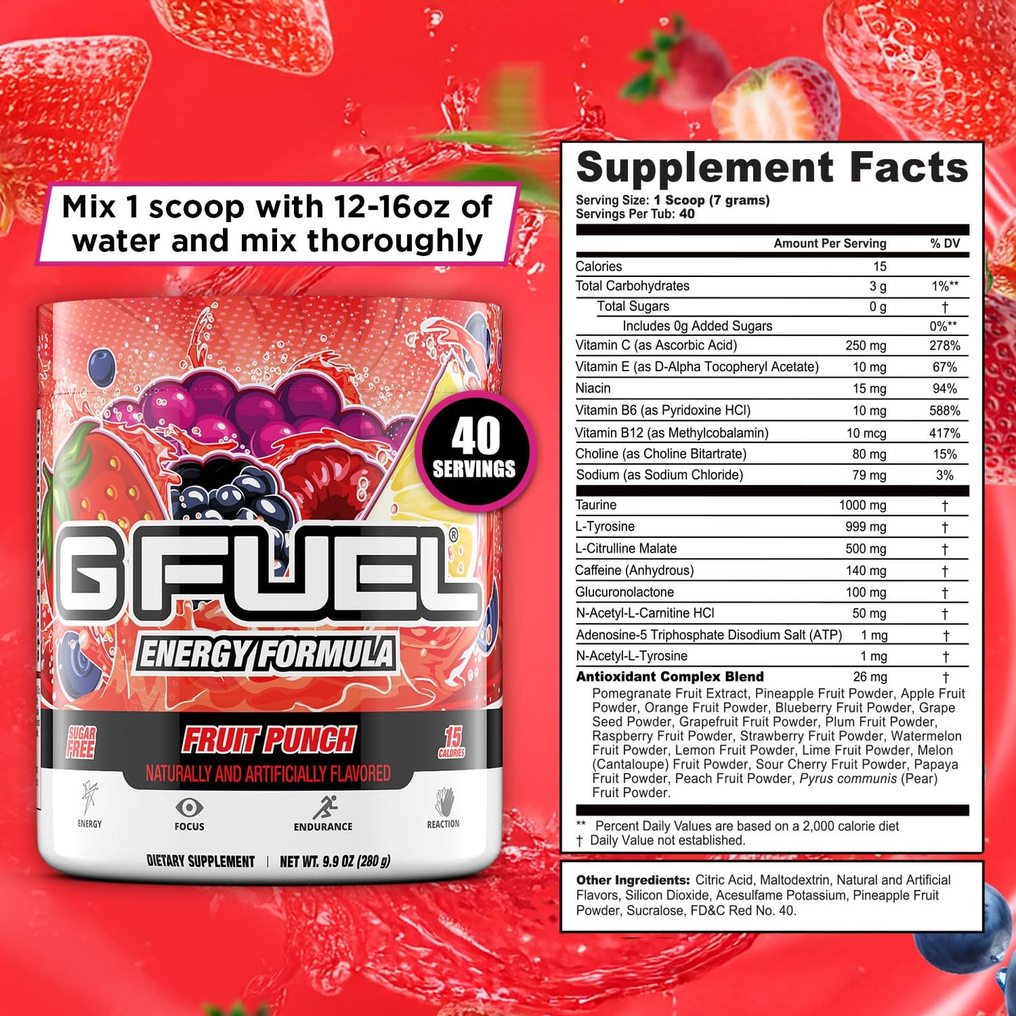 G Fuel Fruit Punch Energy Drink Powder, Pre Workout Caffeine Mix for Gaming, Sugar Free Focus Amino, Vitamin + Antioxidants, 9.9oz (Fruit Punch, 40 Servings)