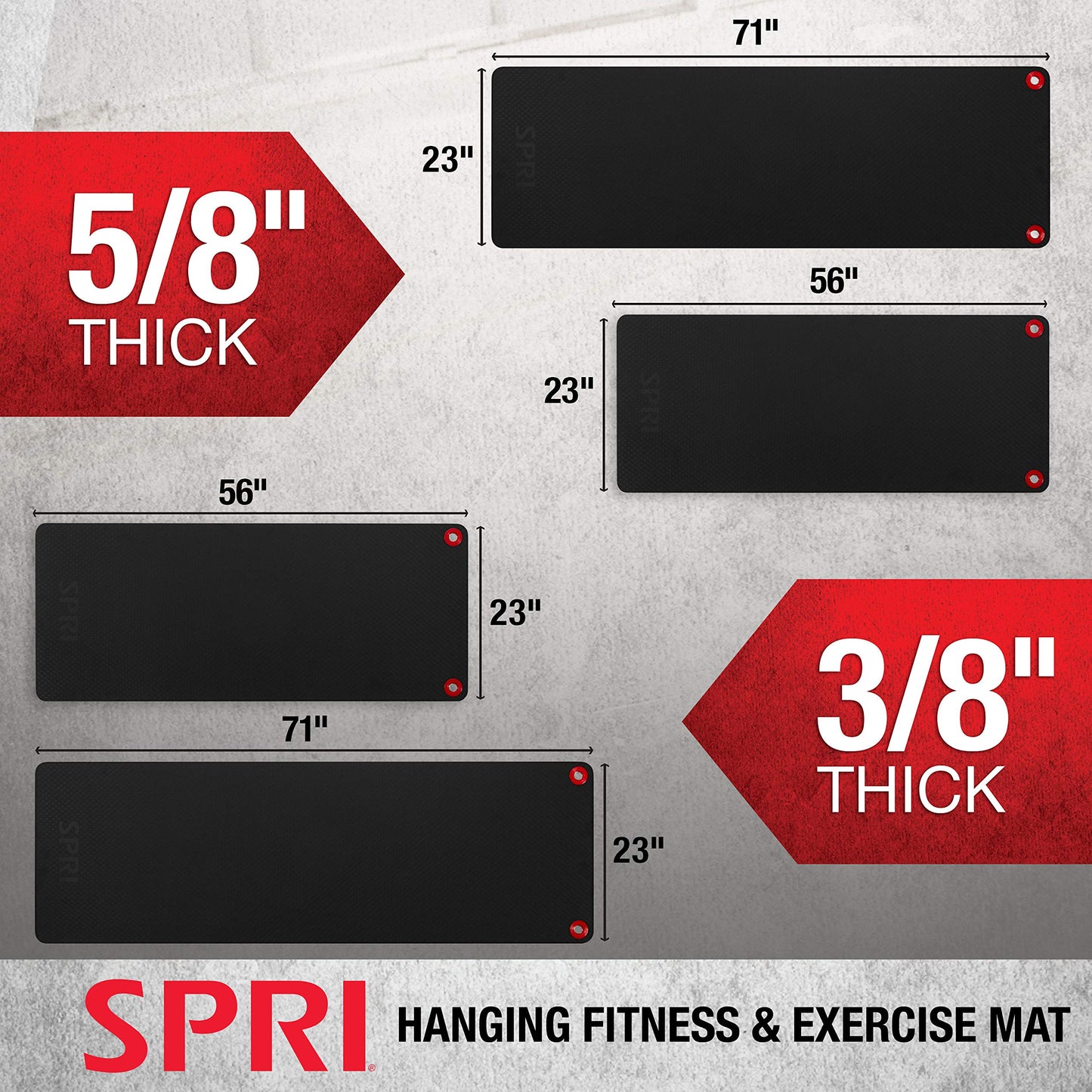 SPRI Hanging Exercise Mat, Fitness & Yoga Mat for Group Fitness Classes, Commercial Grade Quality with Reinforced Holes, 56"L x 23"W x 3/8" Thick