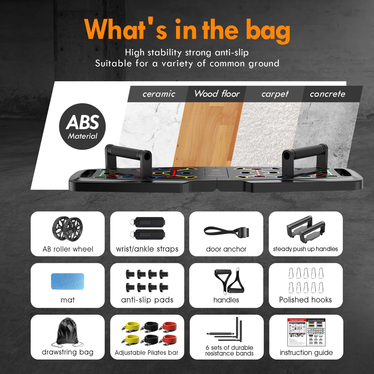 Portable Home Gym Kit with Push-Up Board, Pilates Bar, Resistance Bands & Ab Roller
