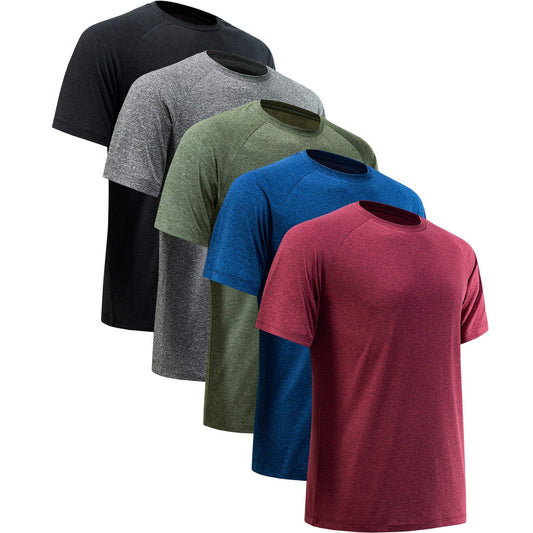 MCPORO Workout Shirts for Men Short Sleeve Quick Dry Athletic Gym Active T Shirt Moisture Wicking 5 Pack Black, Dark Grey, Dark Blue, Army Green, Wine Red X-Large